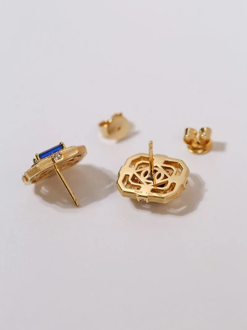 Matte Gold Square Hollow Diamond Wrapped Sapphire Stud Earrings