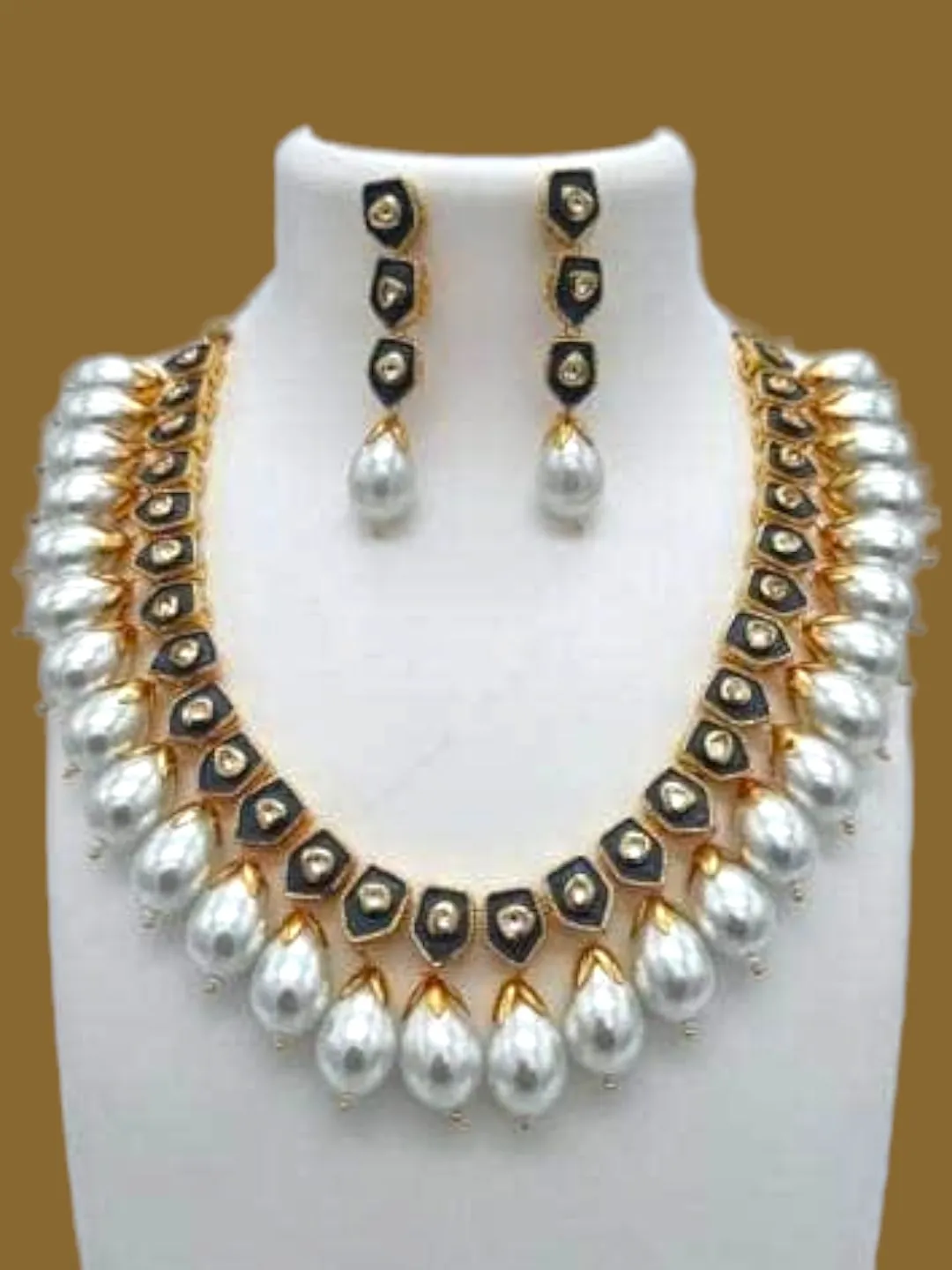 Meena Drop Pearls Necklace And Earring Set