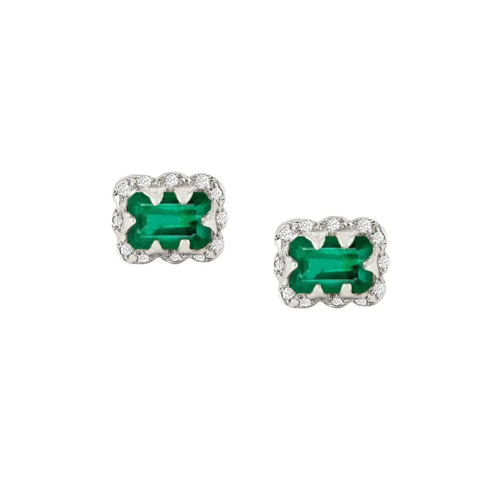 Micro Queen Emerald Cut Emerald Earrings with Sprinkled Diamonds