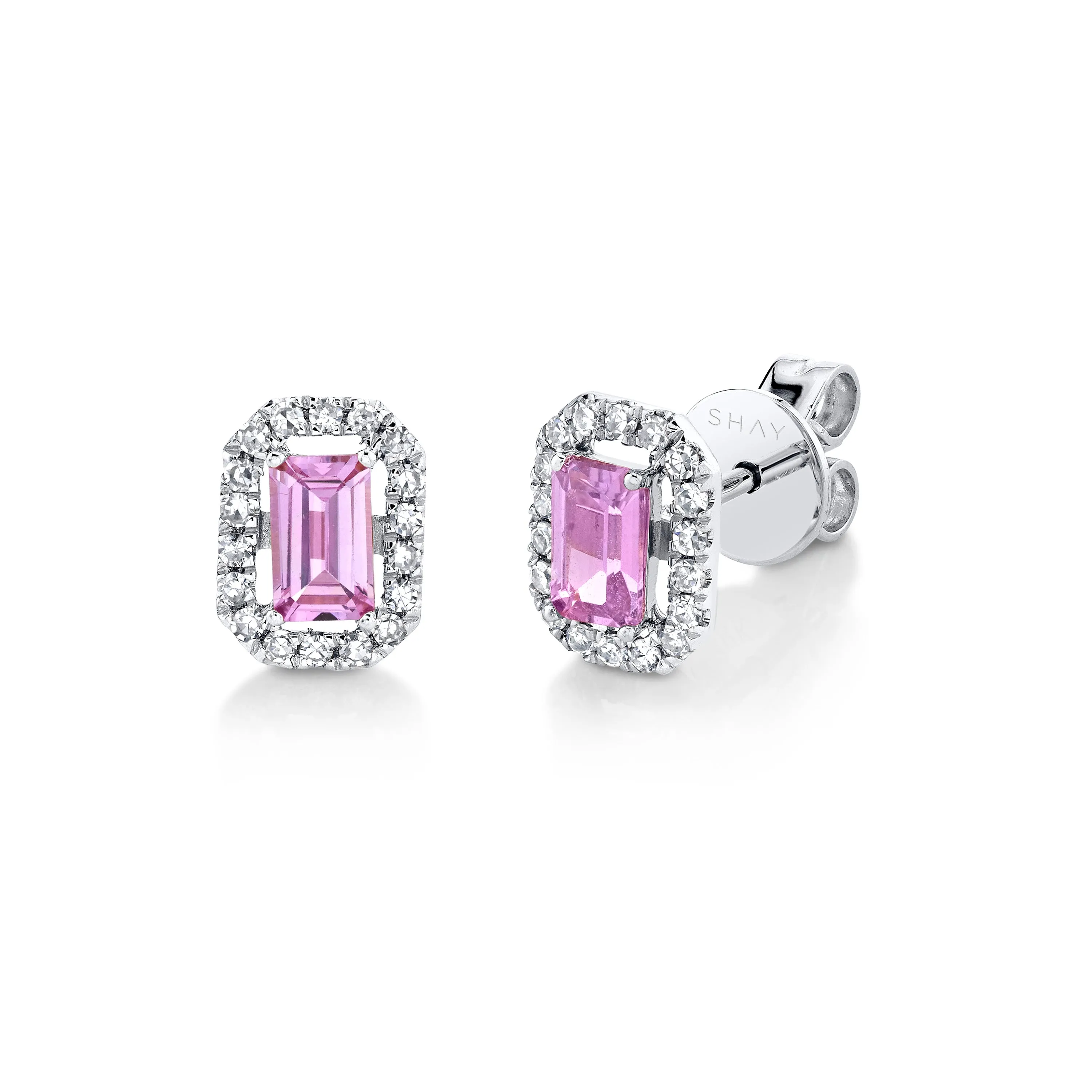 MINI ME DIAMOND HALO PINK SAPPHIRE STUDS