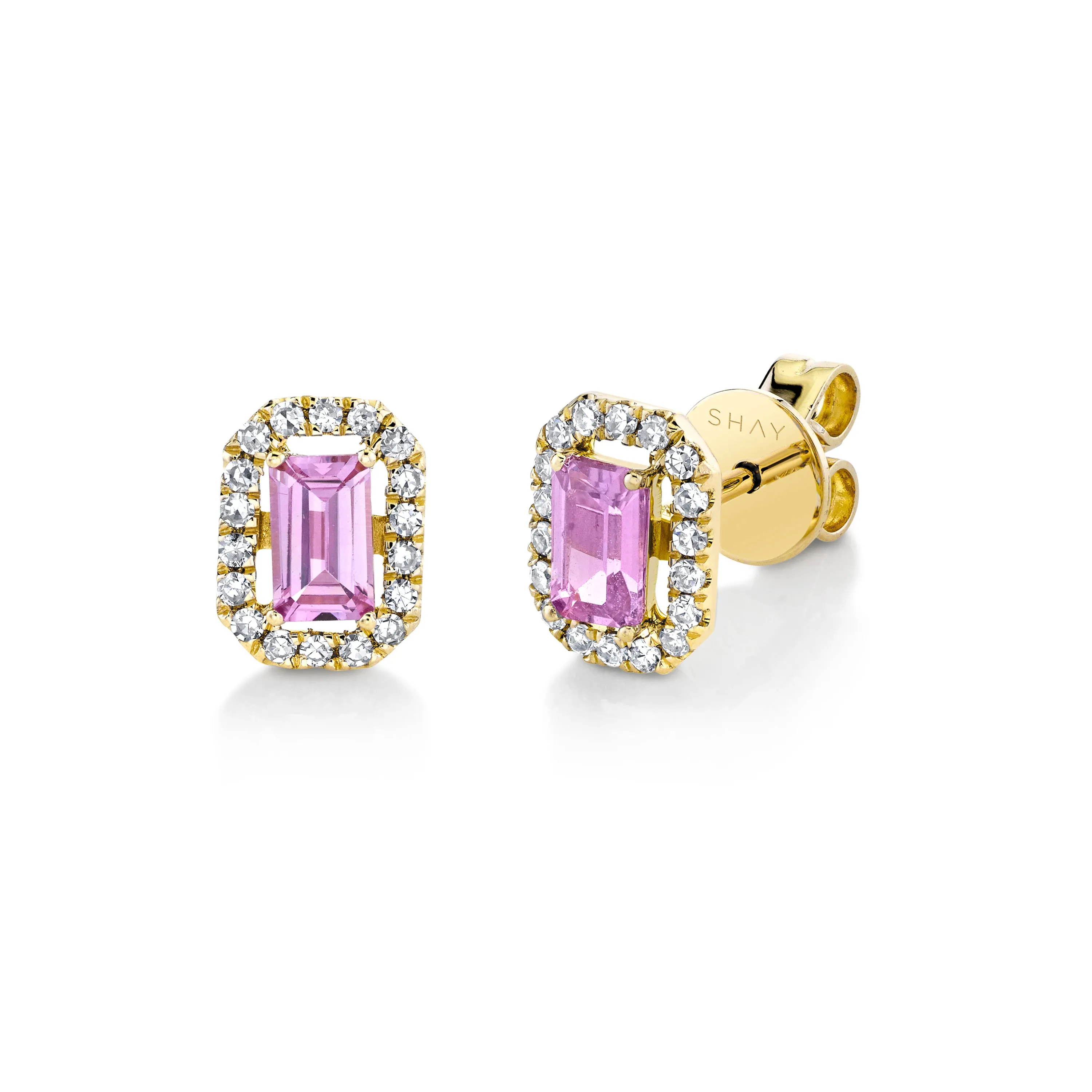 MINI ME DIAMOND HALO PINK SAPPHIRE STUDS