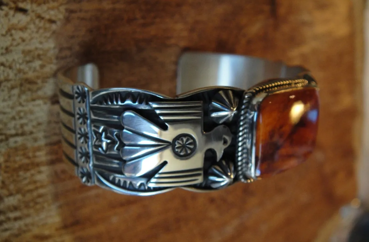 Native American Made Orange Spiny with Sterling Silver Thunderbird Cuff Bracelet by Andy Cadman