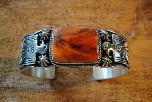 Native American Made Orange Spiny with Sterling Silver Thunderbird Cuff Bracelet by Andy Cadman