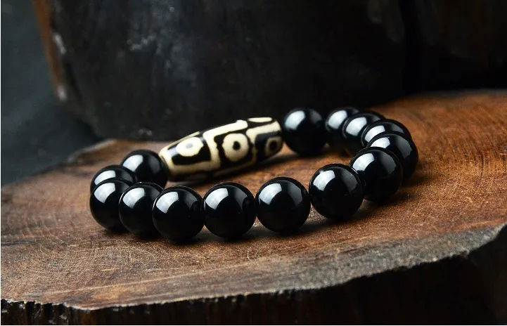 Natural Black Agate Gemstone Nine Eyes Beads Bracelet - Retro Ethnic Style