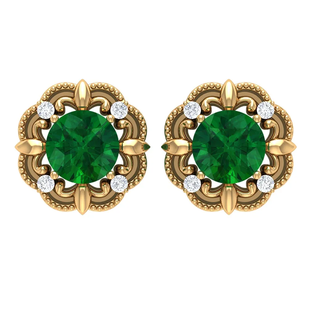 Natural Emerald Art Deco Earrings with Diamond