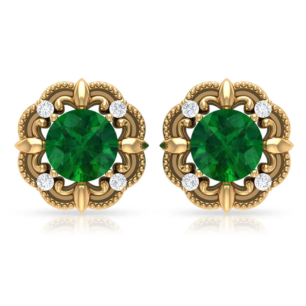 Natural Emerald Art Deco Earrings with Diamond