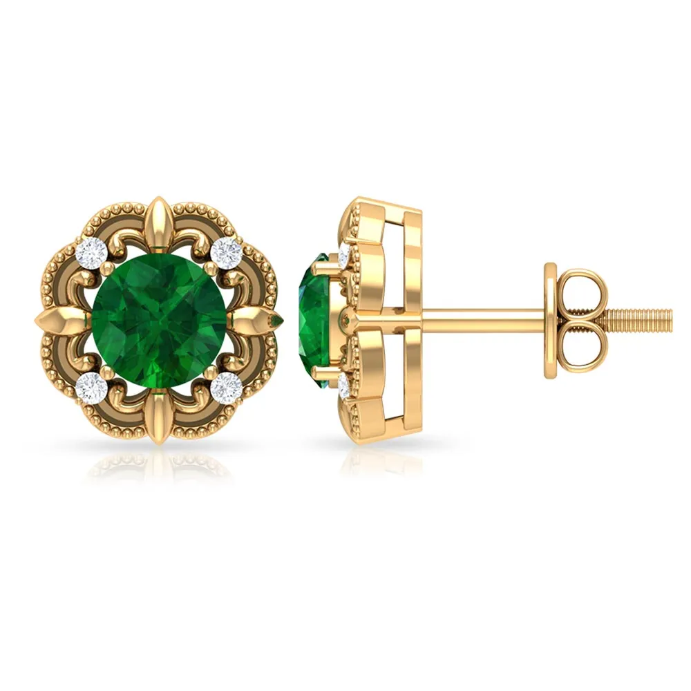 Natural Emerald Art Deco Earrings with Diamond