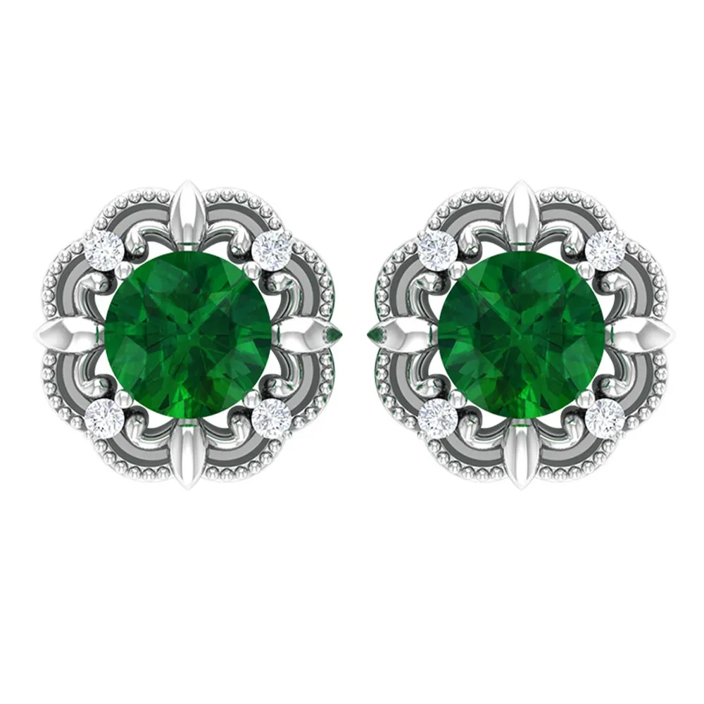 Natural Emerald Art Deco Earrings with Diamond