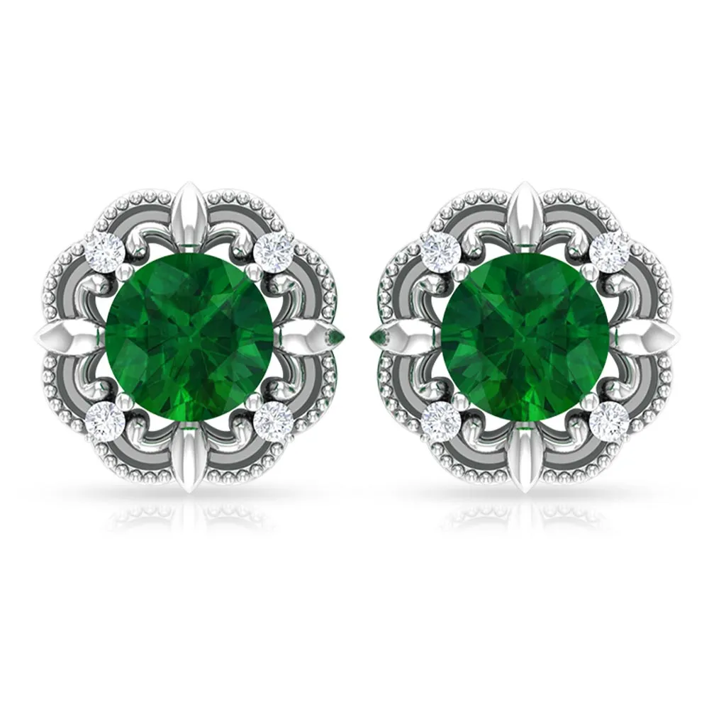 Natural Emerald Art Deco Earrings with Diamond