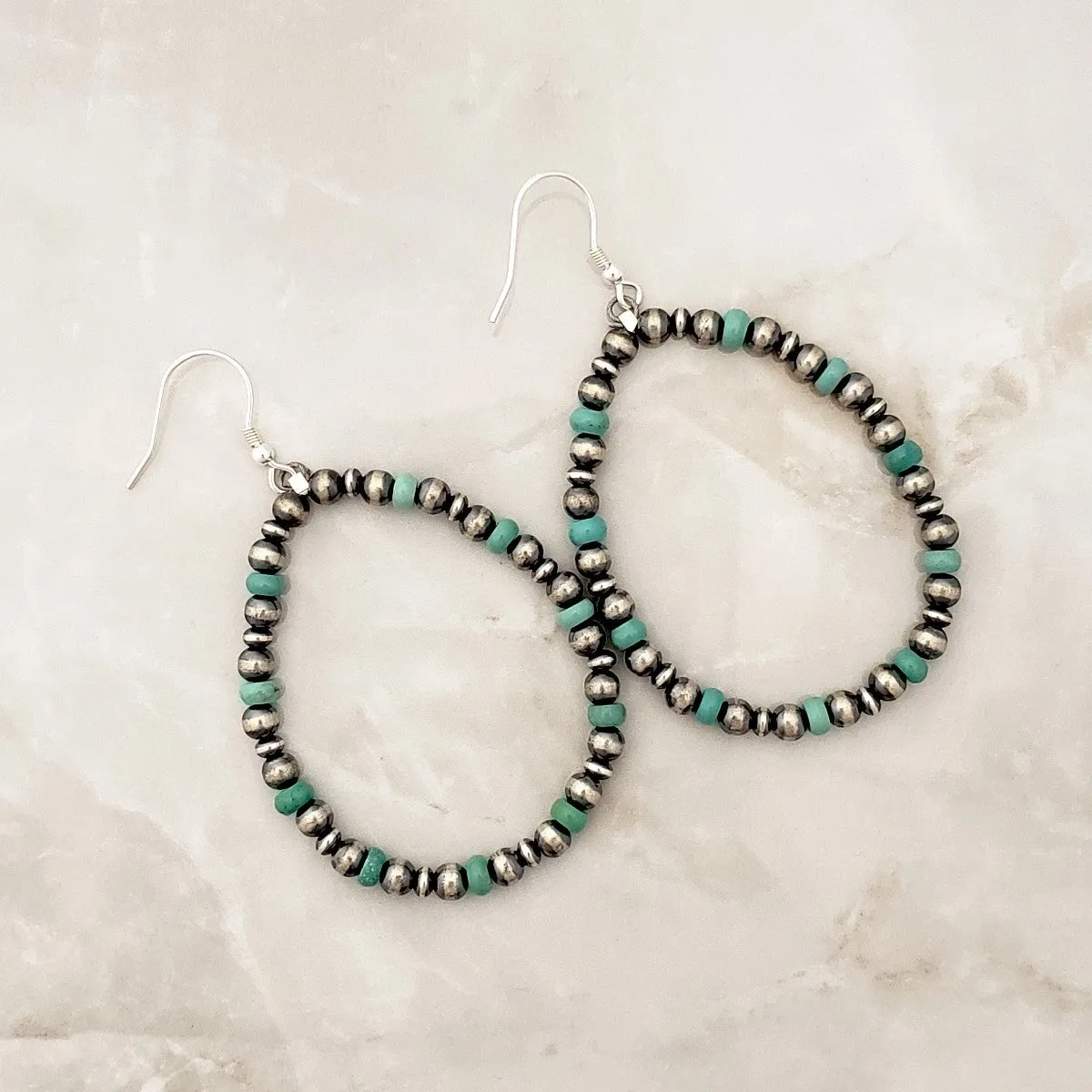 Navajo Pearls & Green Turquoise Hoop Dangle Earrings Sterling Silver