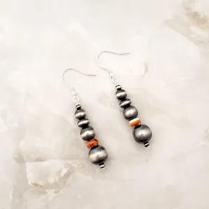 Navajo Pearls & Orange Spiny Oyster Graduated Drop Dangle Earrings Sterling Silver NPE014