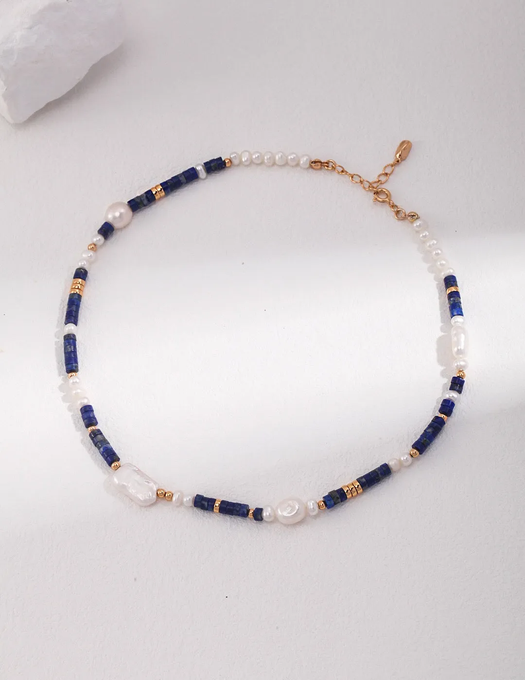 Navy Blue Lapis Lazuli Beads with Baroque Pearls Necklace