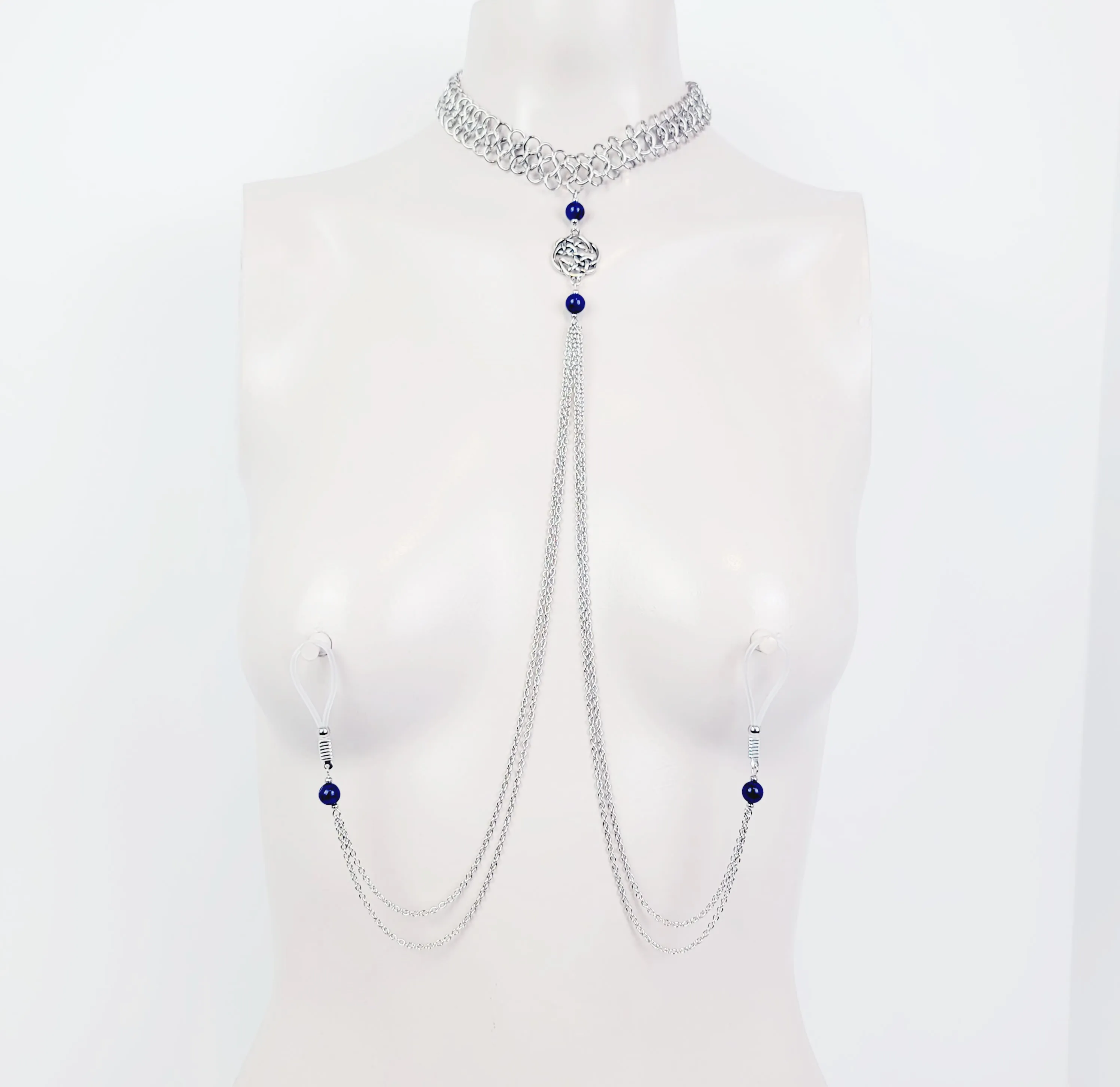 Necklace to Nipple, Non Piercing. Chainmail Choker with Lapis Lazuli and Celtic Knot Shield. Nipple Nooses or Nipple Clamps. BDSM