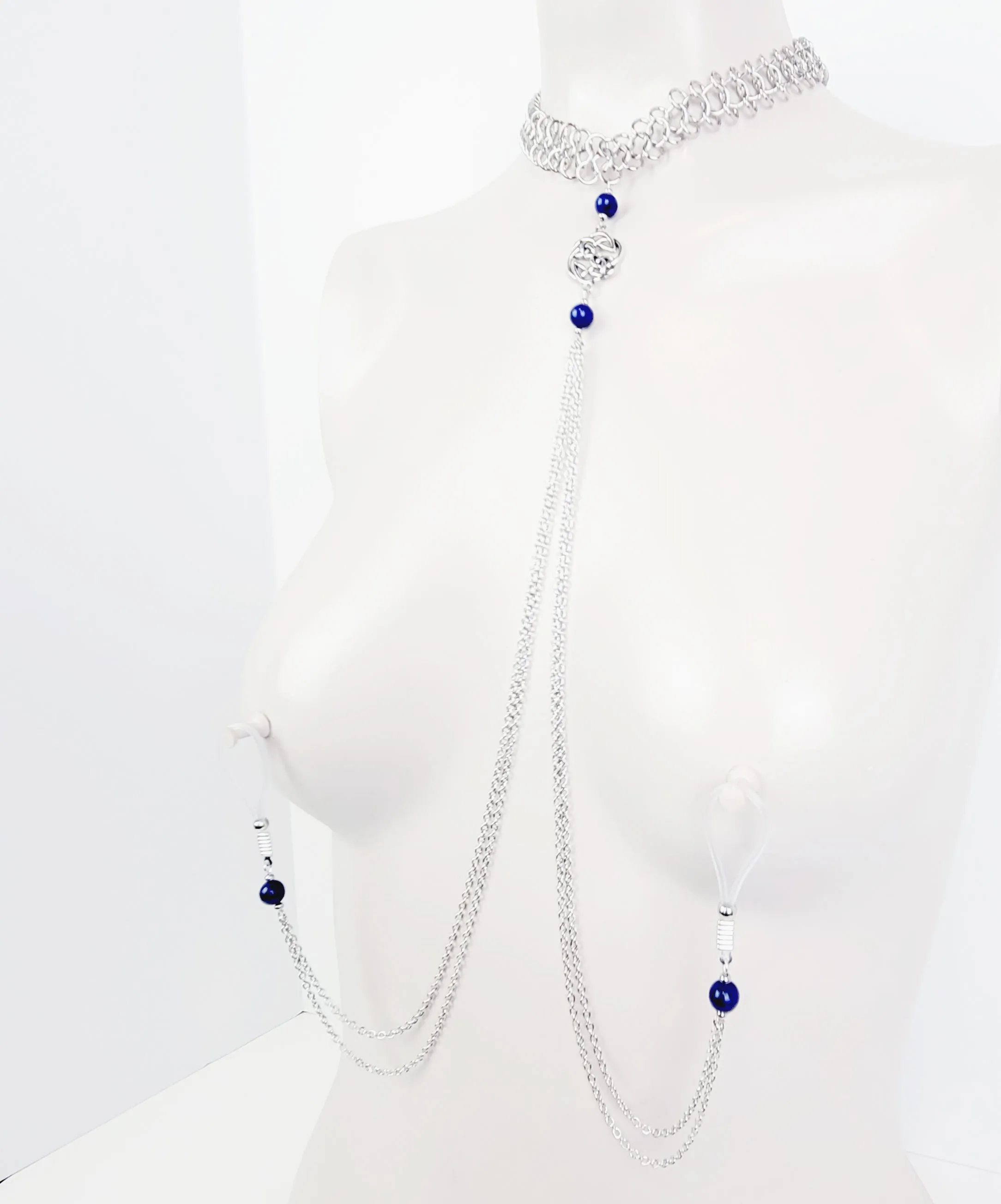 Necklace to Nipple, Non Piercing. Chainmail Choker with Lapis Lazuli and Celtic Knot Shield. Nipple Nooses or Nipple Clamps. BDSM