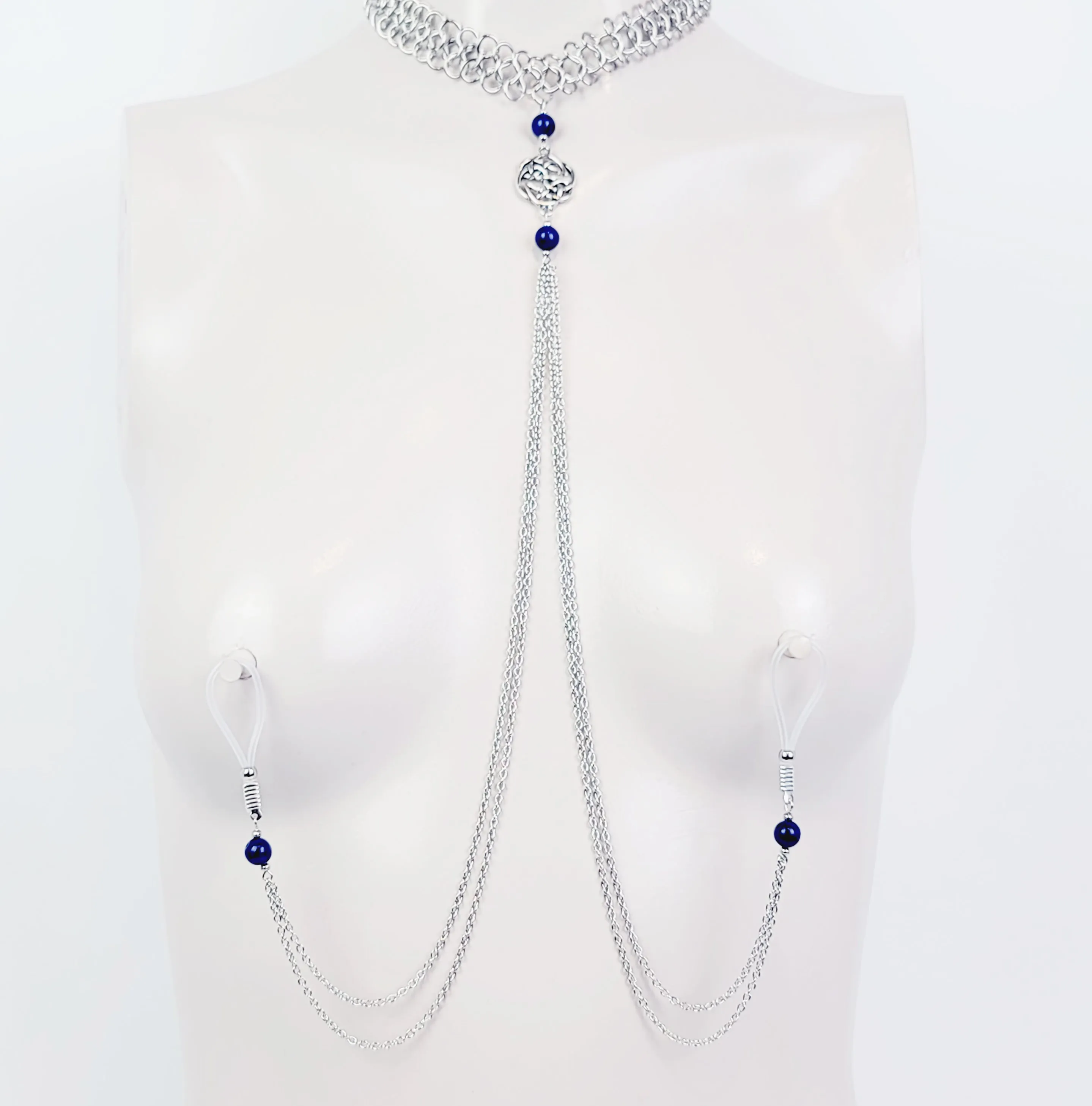 Necklace to Nipple, Non Piercing. Chainmail Choker with Lapis Lazuli and Celtic Knot Shield. Nipple Nooses or Nipple Clamps. BDSM