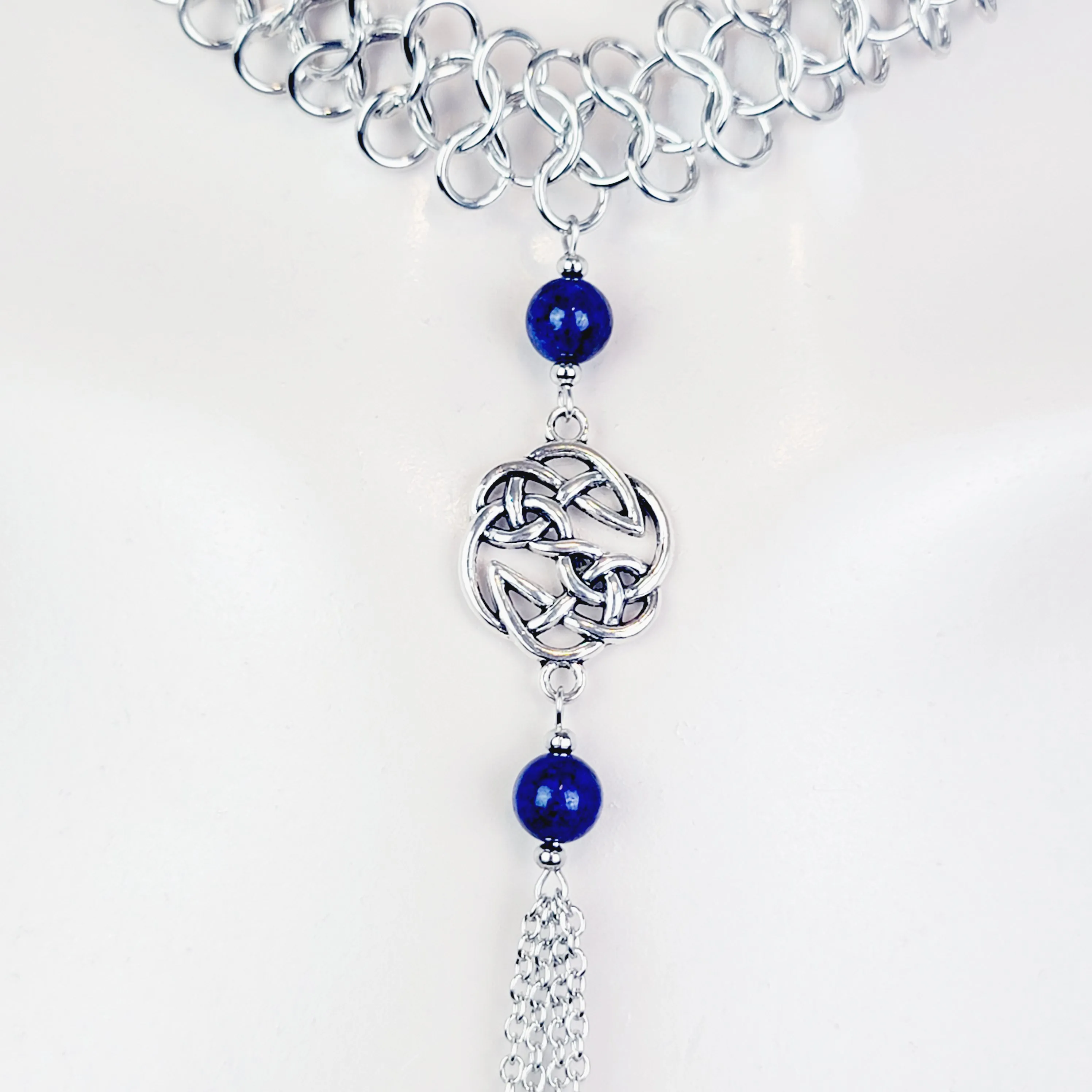 Necklace to Nipple, Non Piercing. Chainmail Choker with Lapis Lazuli and Celtic Knot Shield. Nipple Nooses or Nipple Clamps. BDSM