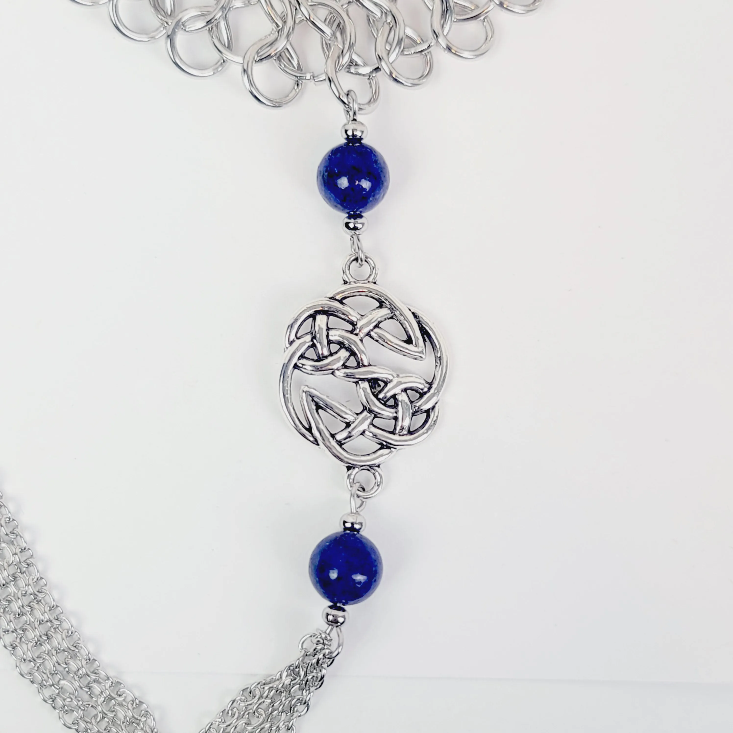 Necklace to Nipple, Non Piercing. Chainmail Choker with Lapis Lazuli and Celtic Knot Shield. Nipple Nooses or Nipple Clamps. BDSM