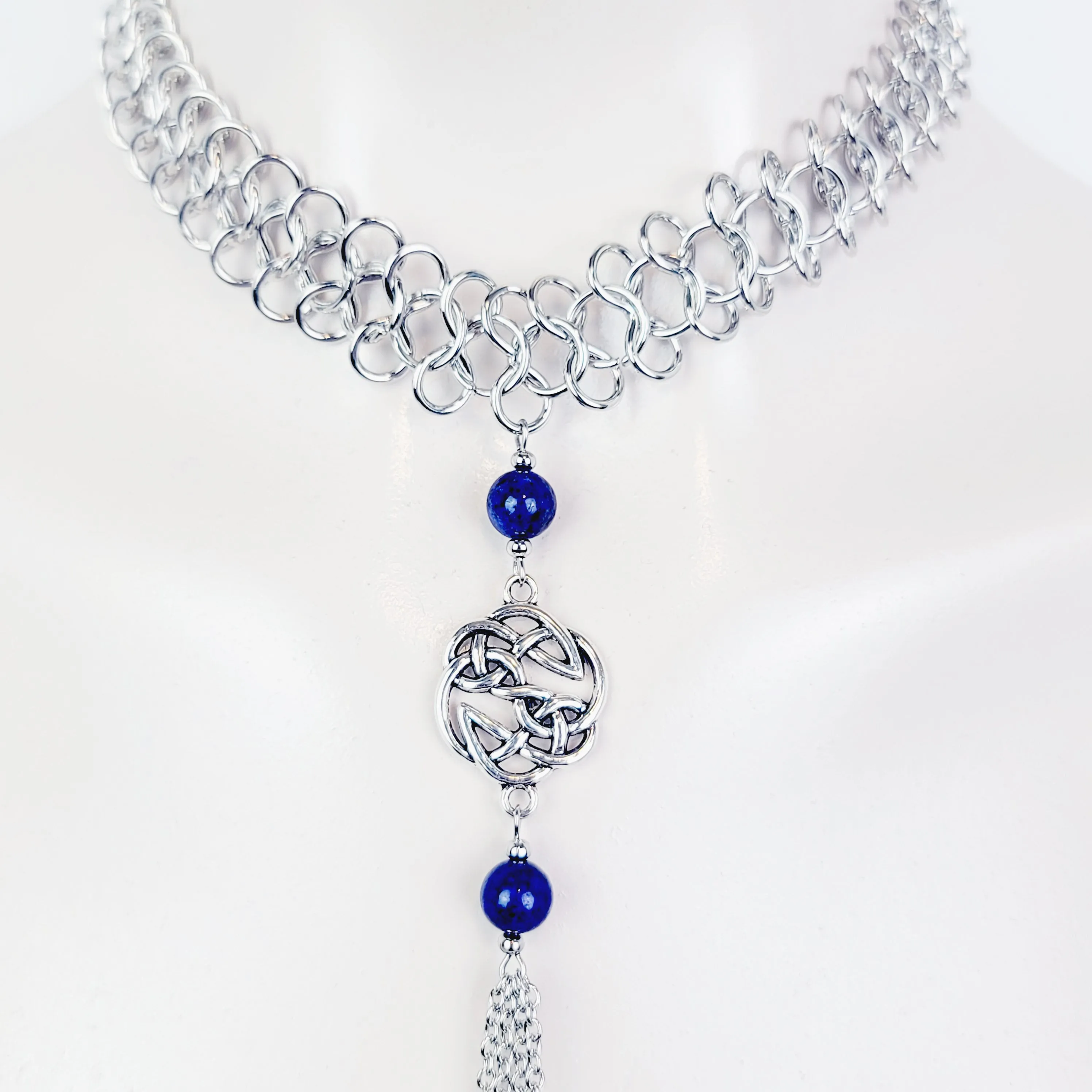 Necklace to Nipple, Non Piercing. Chainmail Choker with Lapis Lazuli and Celtic Knot Shield. Nipple Nooses or Nipple Clamps. BDSM