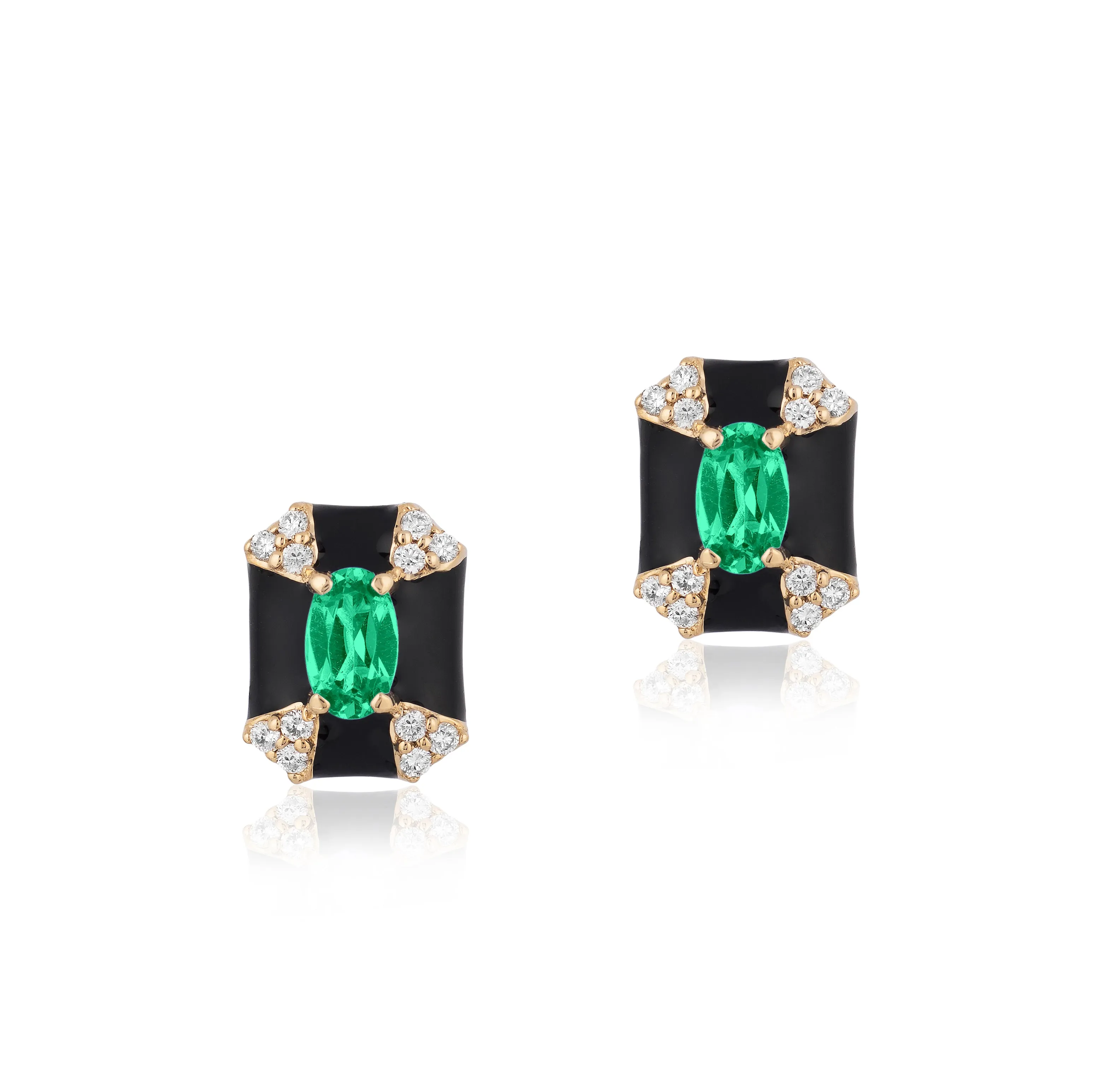 Octagon Emerald & Black Enamel Stud Earrings with Diamonds