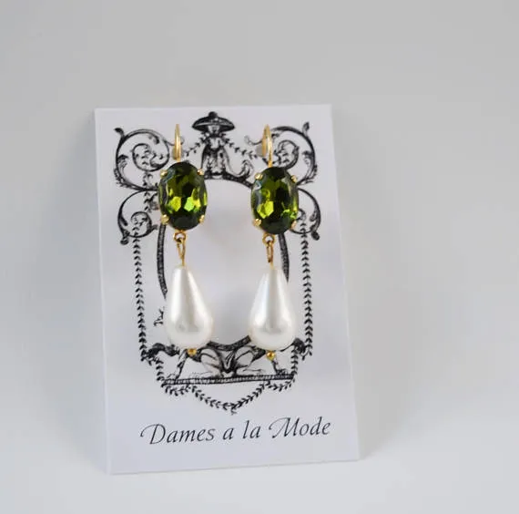 Olive Crystal and Pearl Earring - Medium Oval Stone, medium Pearl