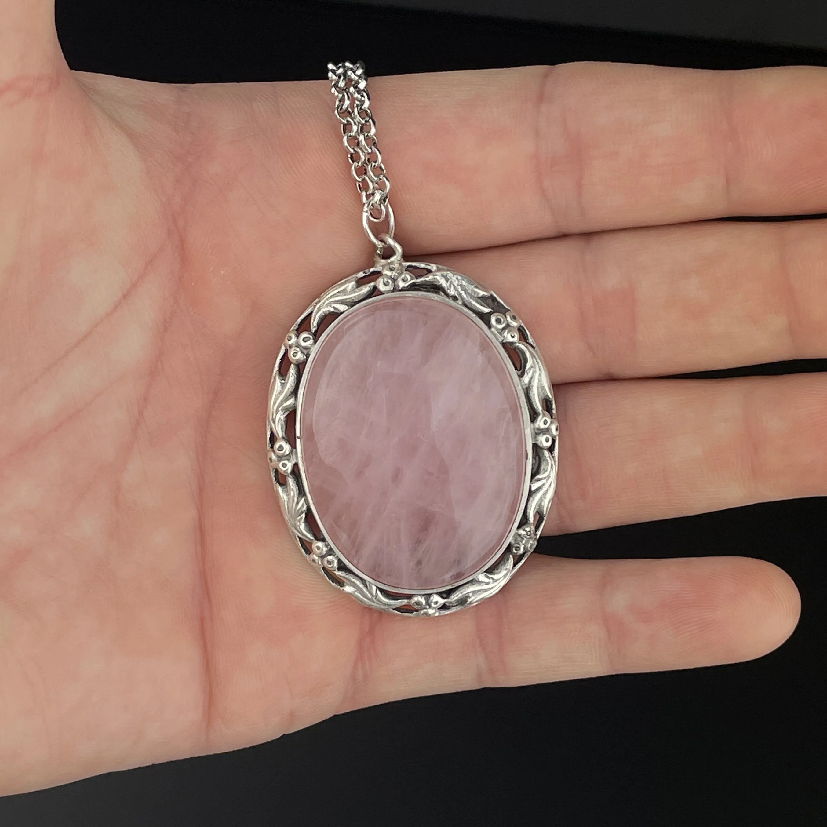 ON HOLD Silver Art Nouveau Style Large Pink Rose Quartz Pendant Necklace