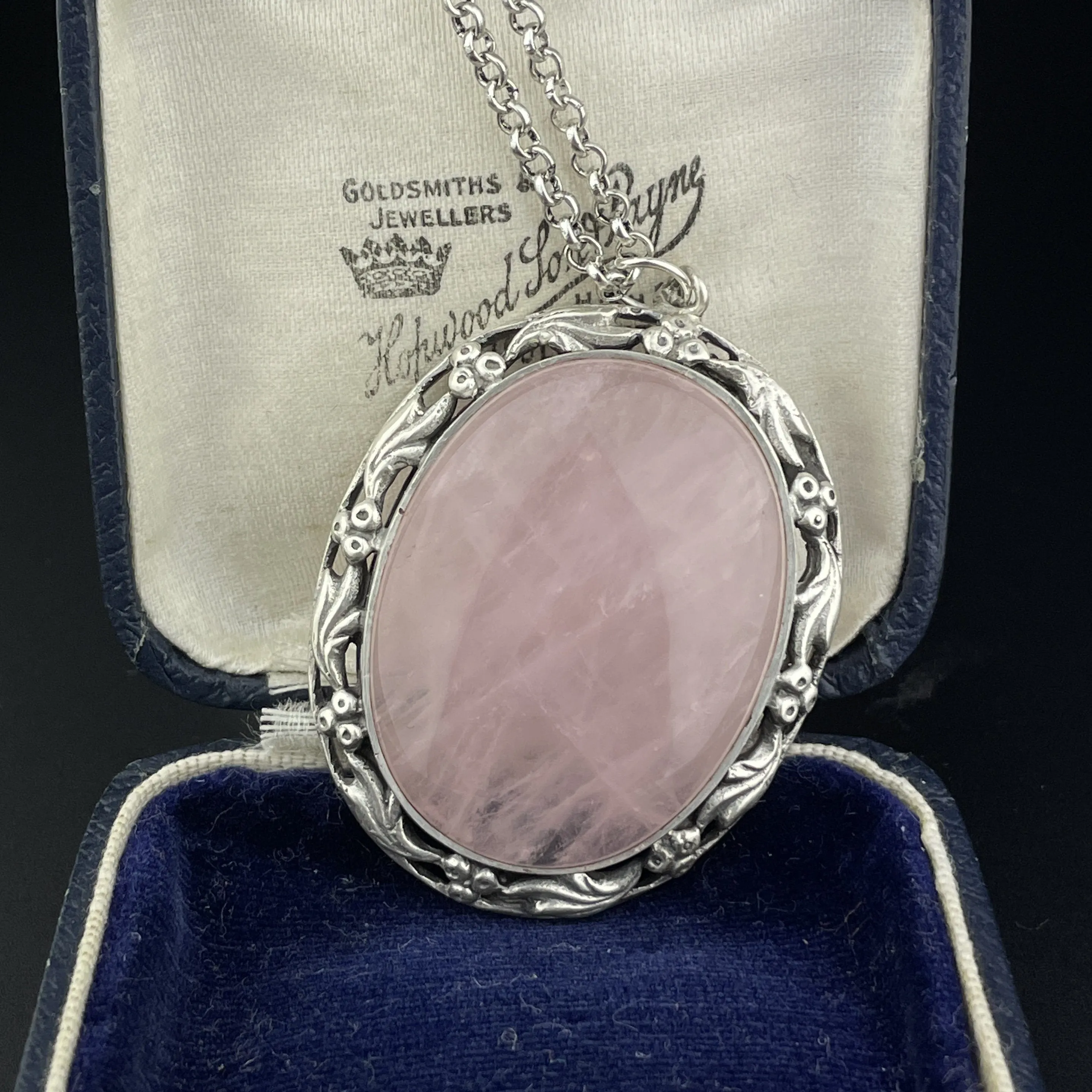 ON HOLD Silver Art Nouveau Style Large Pink Rose Quartz Pendant Necklace