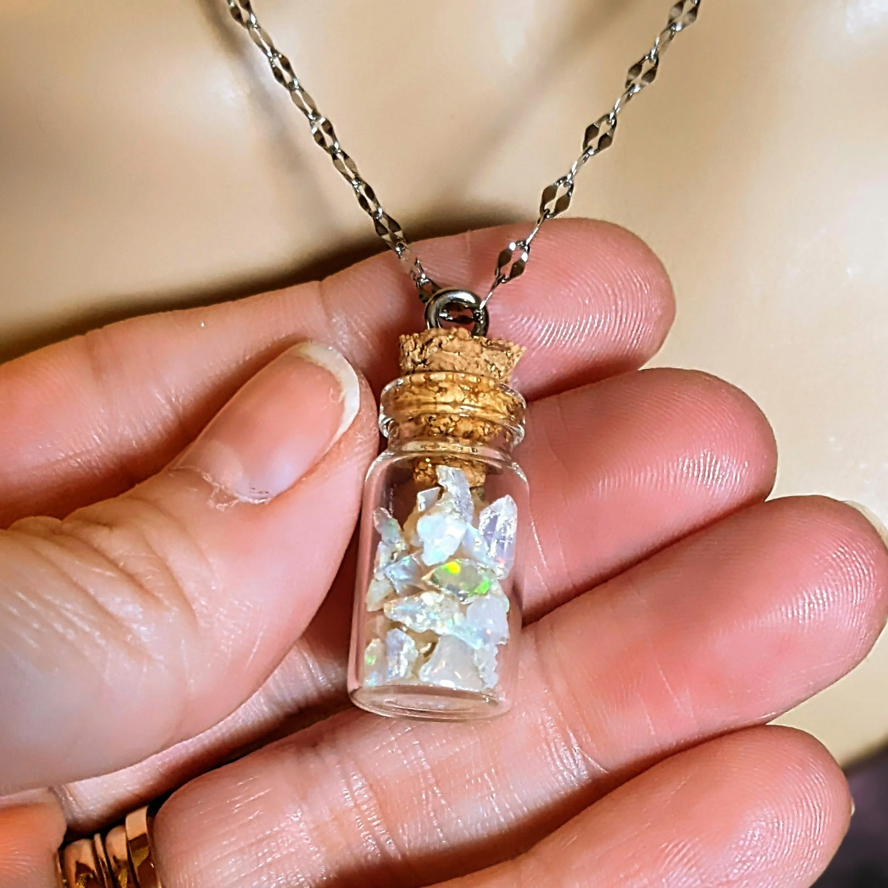 Opal Gemstone Libra Bottle Necklace, 20 or 24 inch, Silver/Gold