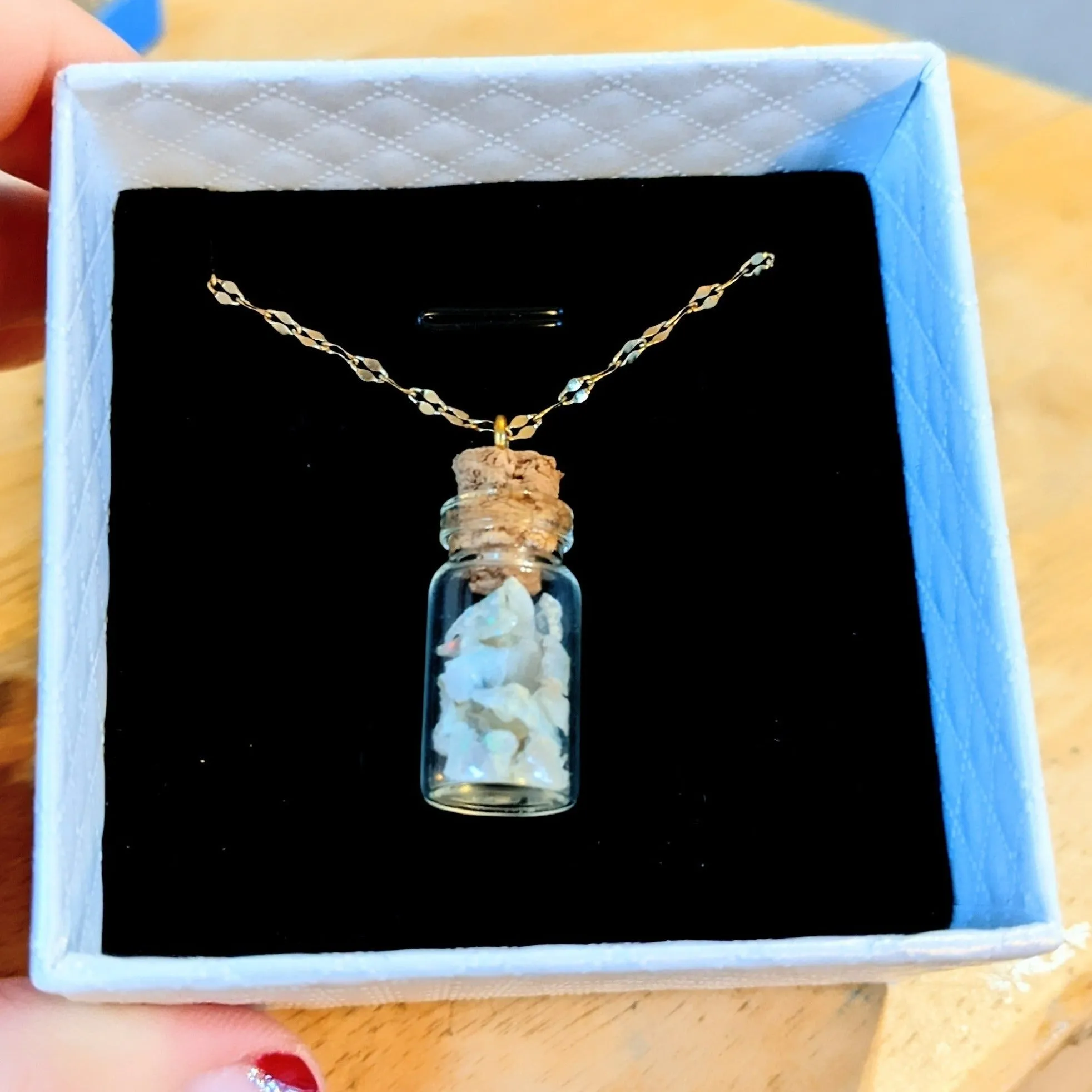 Opal Gemstone Libra Bottle Necklace, 20 or 24 inch, Silver/Gold