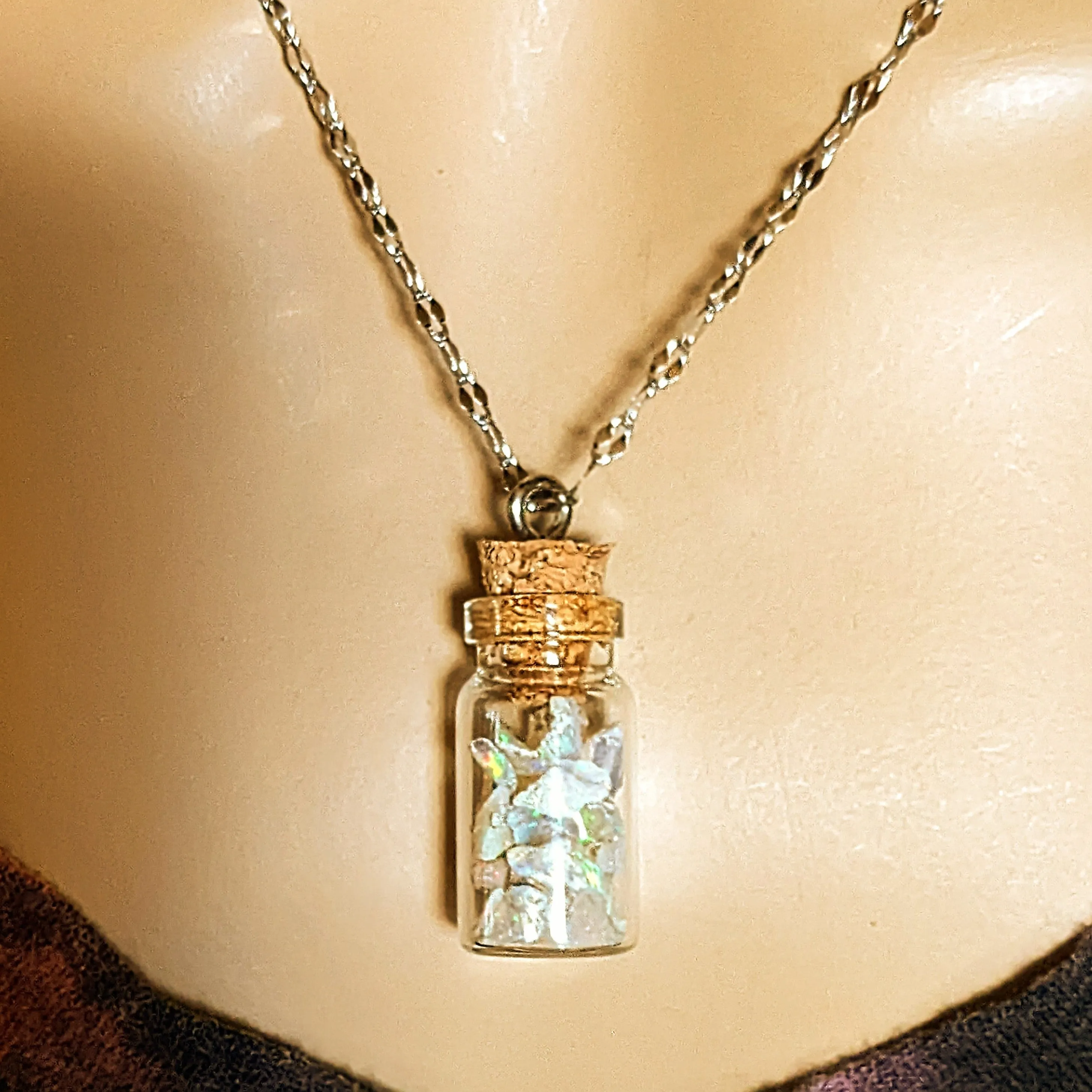 Opal Gemstone Libra Bottle Necklace, 20 or 24 inch, Silver/Gold