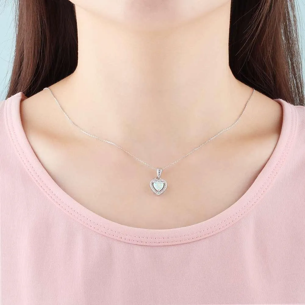 Opal Stone Heart Pendant Silver Necklace