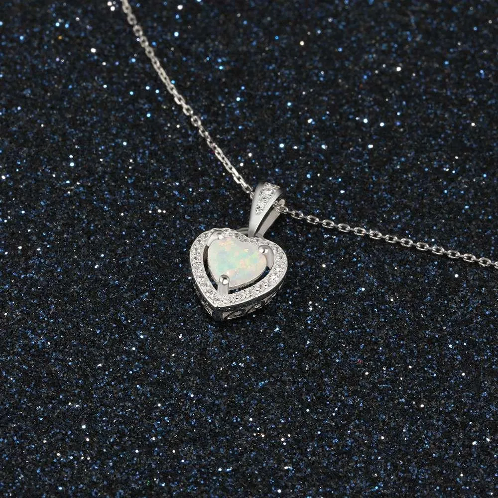 Opal Stone Heart Pendant Silver Necklace