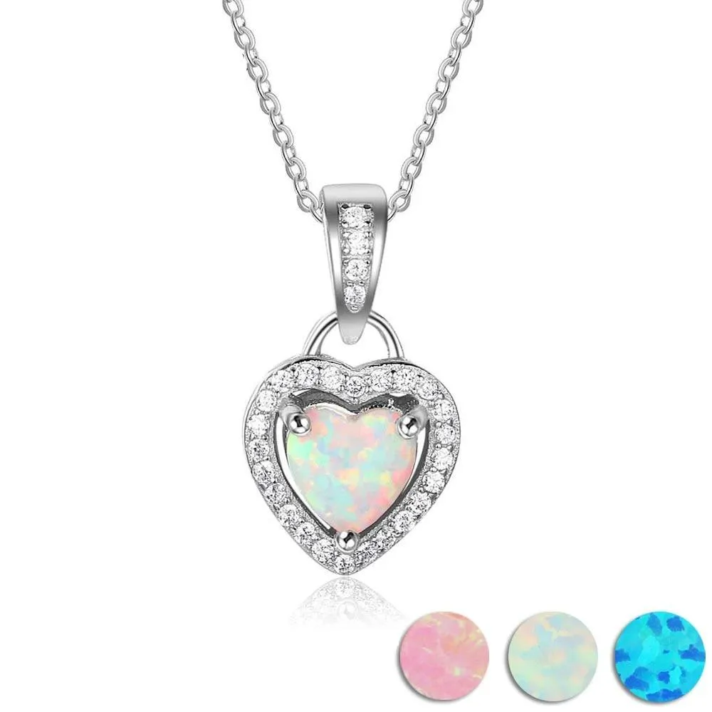 Opal Stone Heart Pendant Silver Necklace