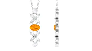 Oval Fire Opal and Moissanite Flower Dangle Necklace in Gold