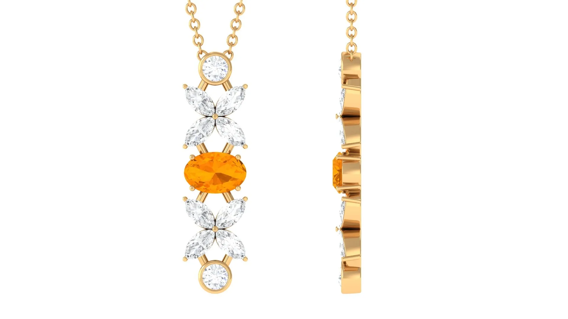 Oval Fire Opal and Moissanite Flower Dangle Necklace in Gold