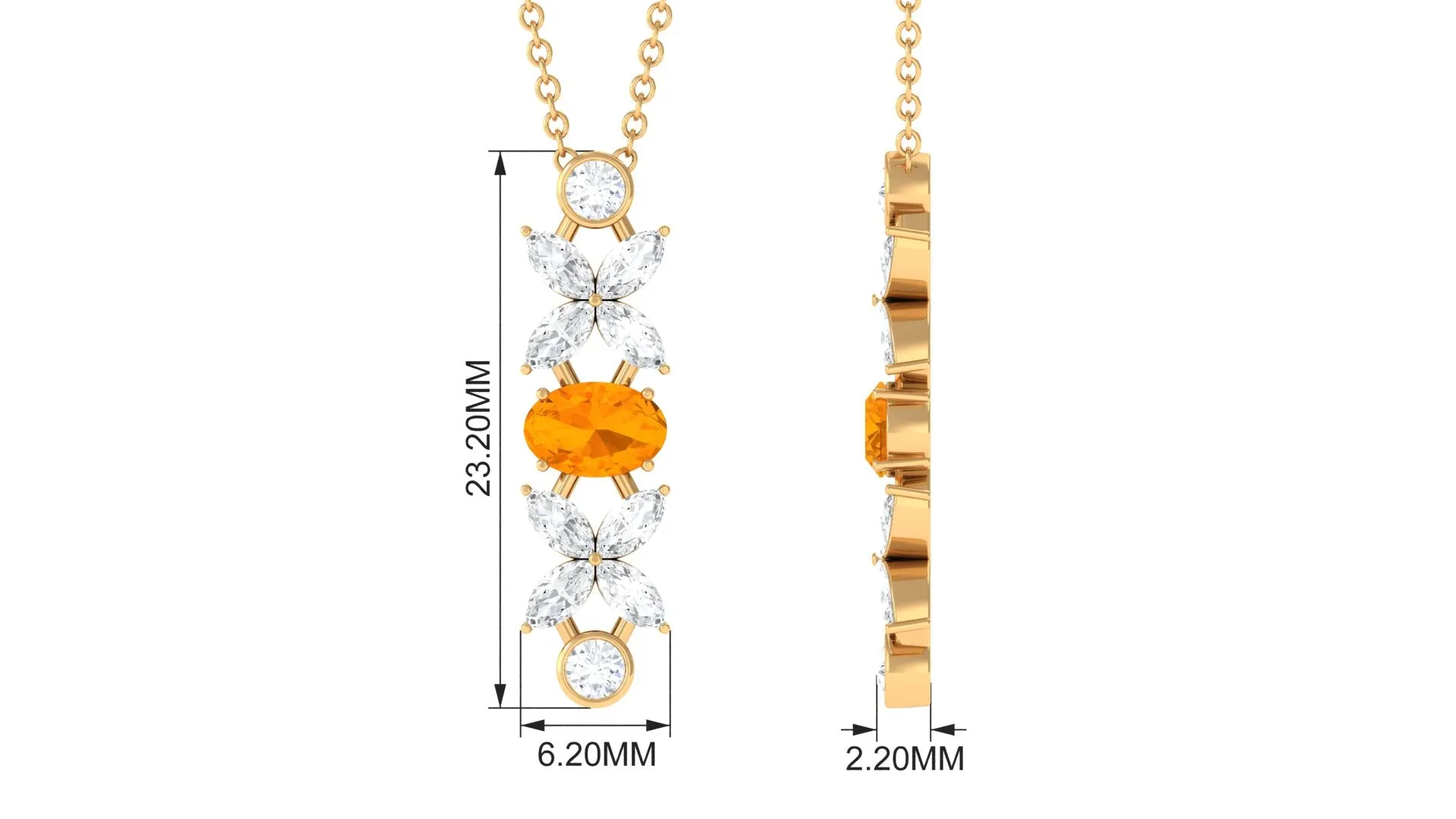 Oval Fire Opal and Moissanite Flower Dangle Necklace in Gold