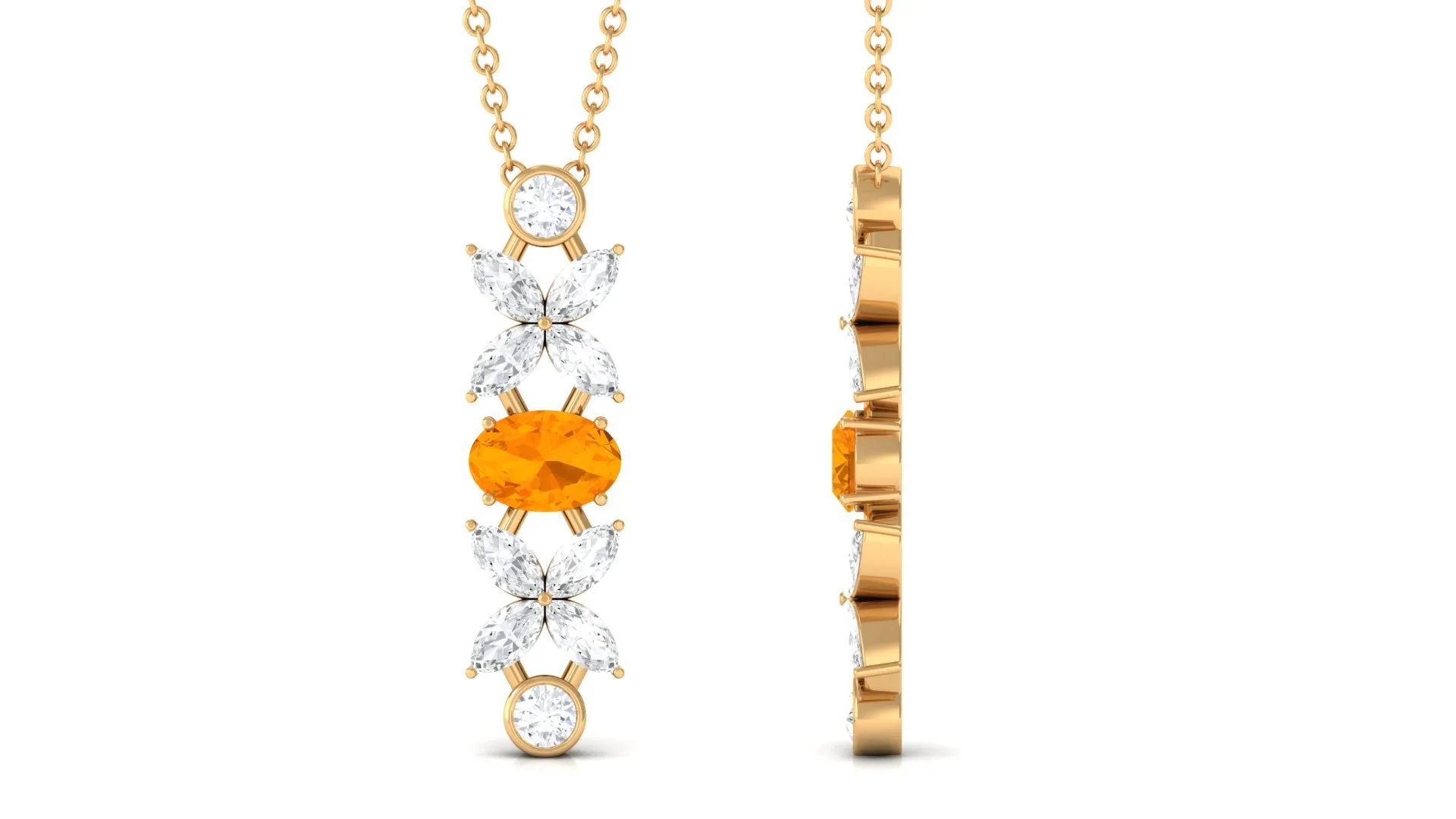 Oval Fire Opal and Moissanite Flower Dangle Necklace in Gold