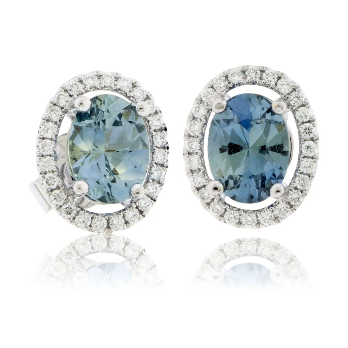 Oval Light Blue Sapphire with Diamond Halo Stud Earrings