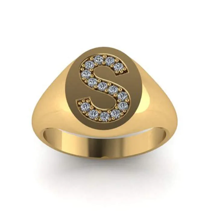 Oval Signet Ring with Diamond Initial - 12mm x 10mm