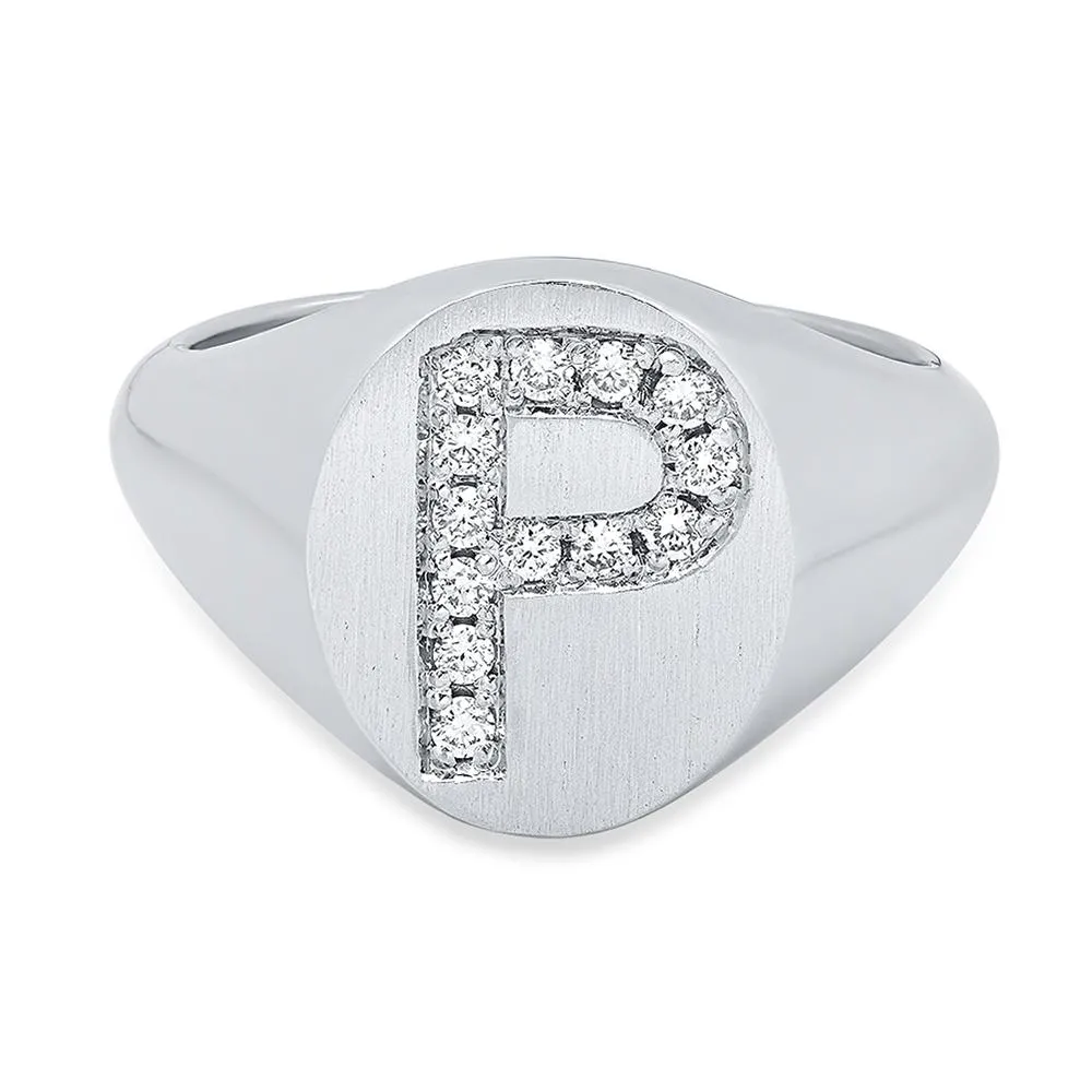 Oval Signet Ring with Diamond Initial - 12mm x 10mm