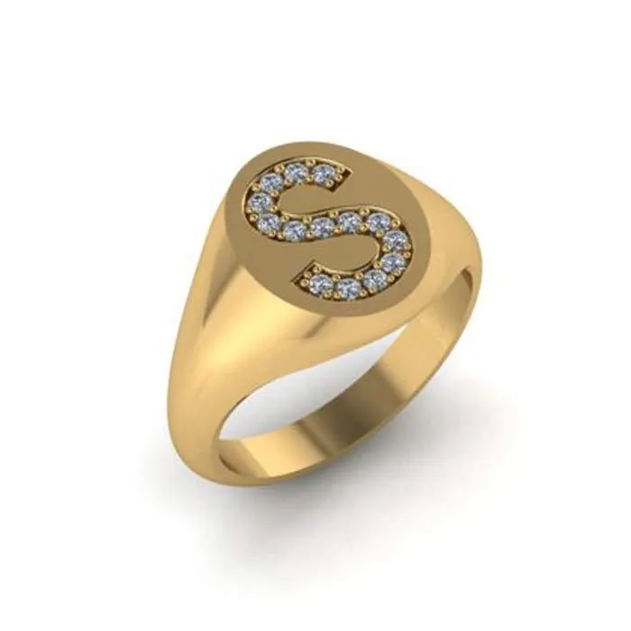 Oval Signet Ring with Diamond Initial - 12mm x 10mm