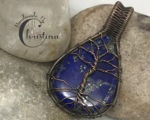 Oxidized Copper Wire Woven & Lapis Tree Of Life Pendant