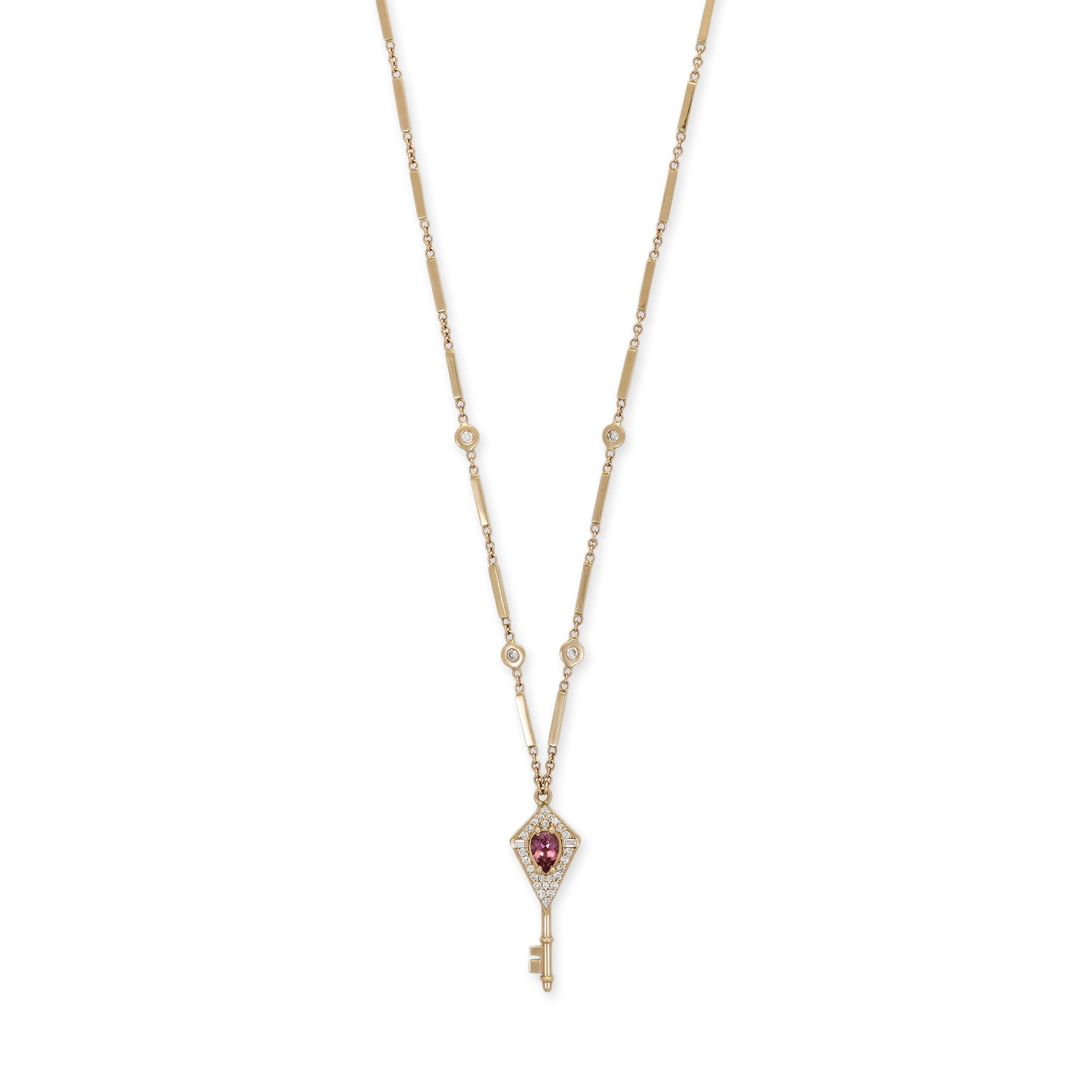 PAVE   BAGUETTE DIAMOND GEMSTONE KEY SMOOTH BAR NECKLACE