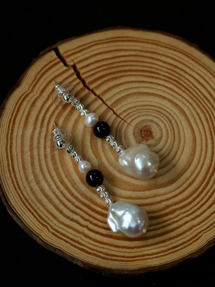 Pearl and Black Onyx Long Drop Earrings