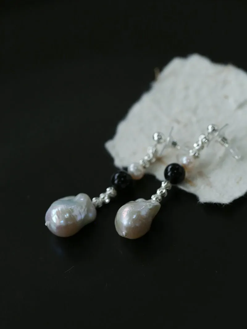 Pearl and Black Onyx Long Drop Earrings