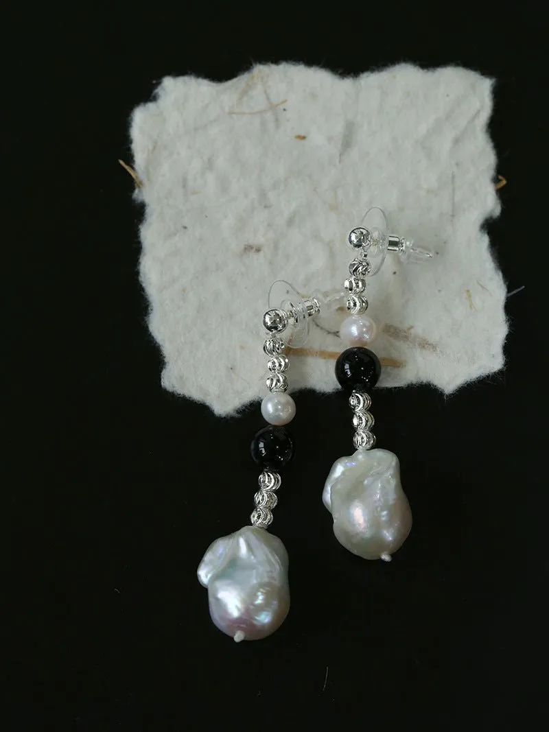 Pearl and Black Onyx Long Drop Earrings