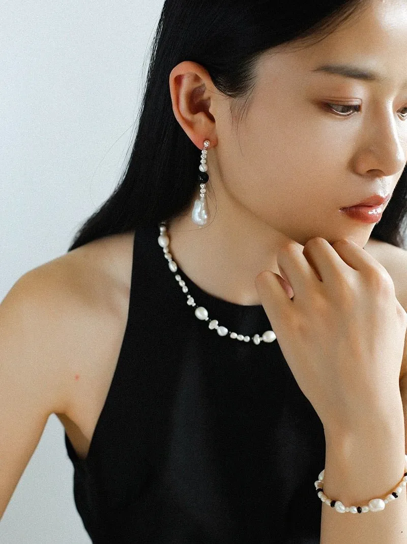 Pearl and Black Onyx Long Drop Earrings