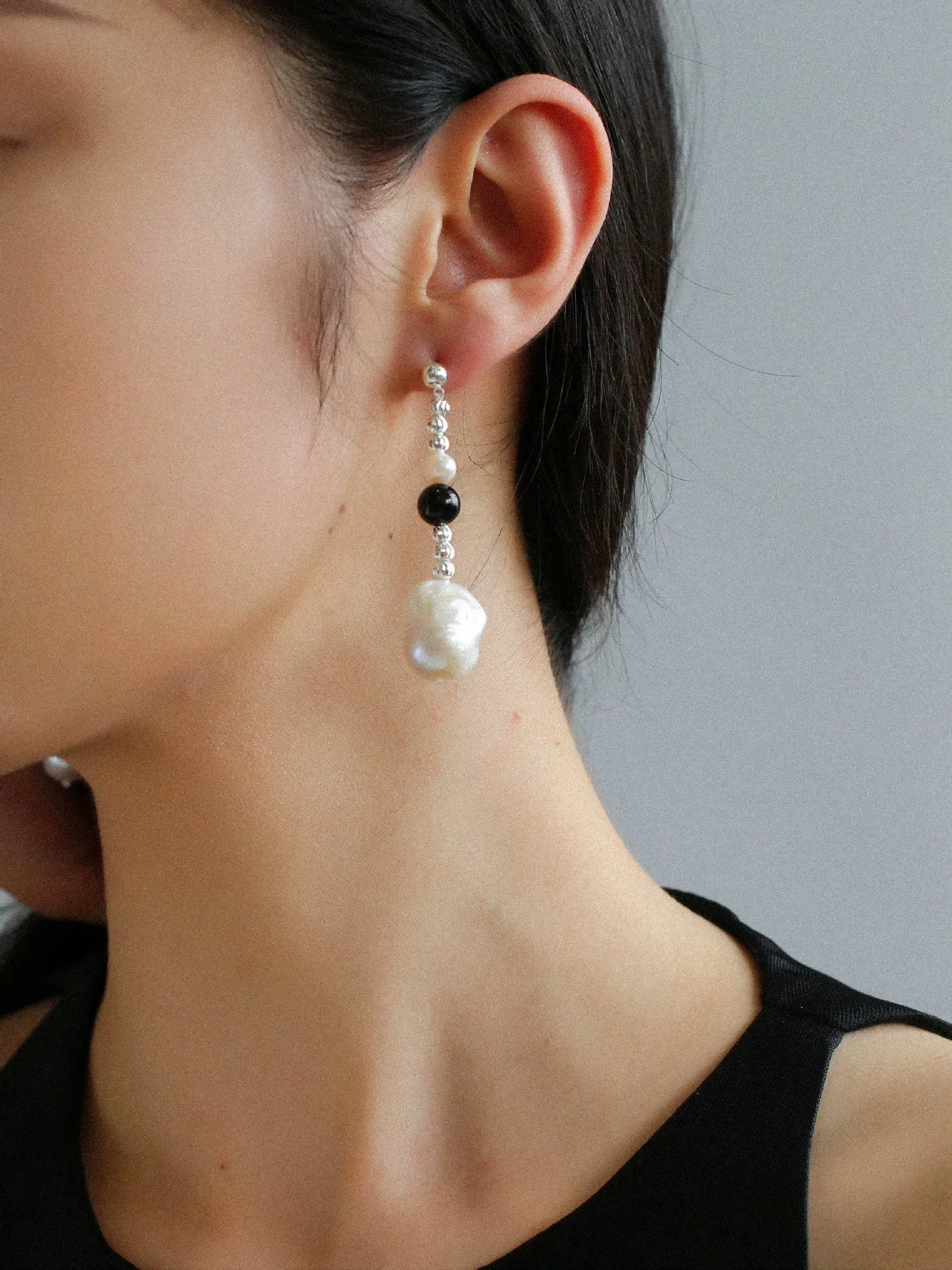 Pearl and Black Onyx Long Drop Earrings