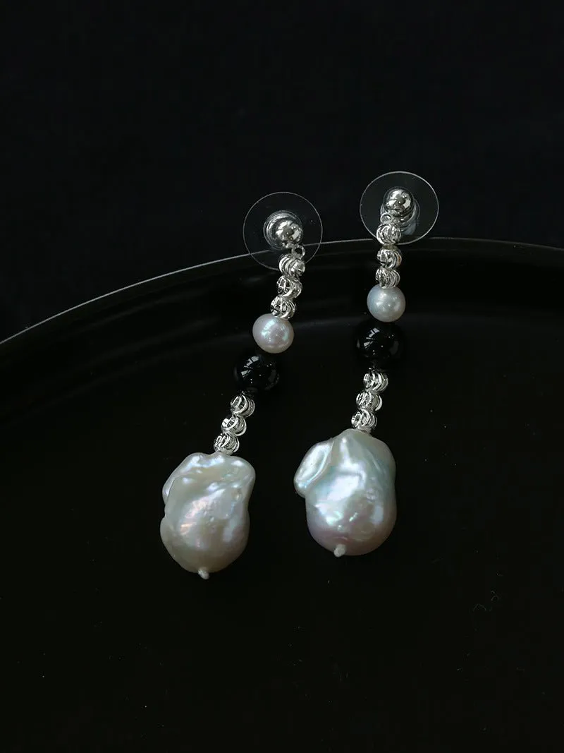 Pearl and Black Onyx Long Drop Earrings