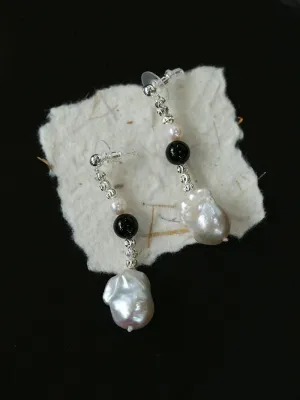 Pearl and Black Onyx Long Drop Earrings