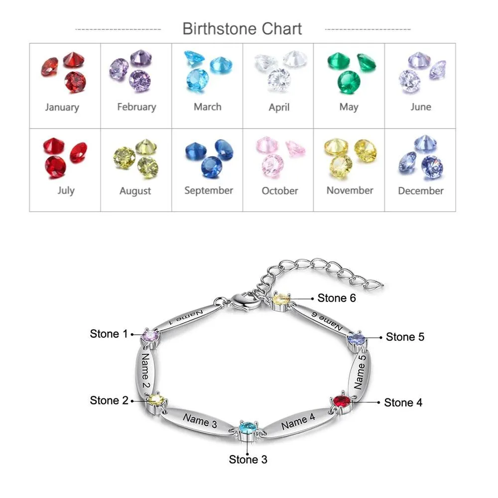 Personalized 6 Inlaid Birthstones Name Engraved Mother Bracelet